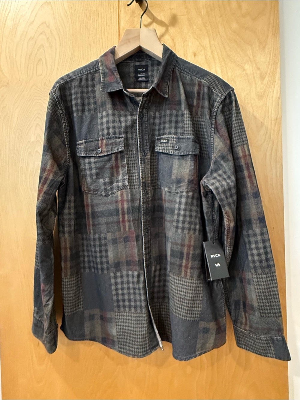 RVCA Men's Gray Plaid Button-Down Shirt with Brown Accents